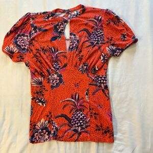 Free People Orange Floral Pineapple Print Keyhole Puff Sleeve Blouse‎ Top S/P